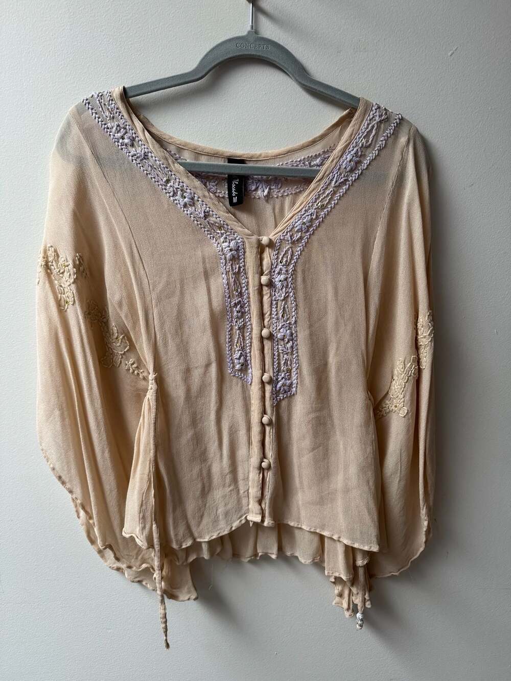 Sacred Threads Boho Embroidered Batwing Blouse Medium Peach Lavender